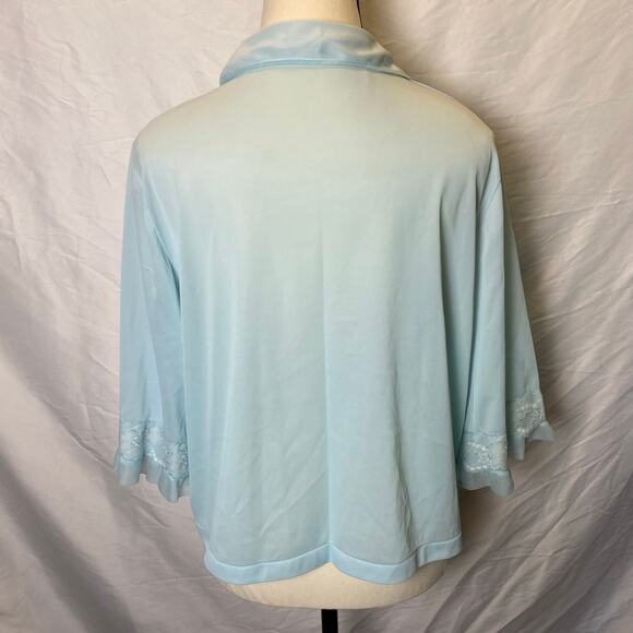 Vintage Women's Bed Jacket Medium Light Blue Ruffles Lace Trim Nylon Lingerie - Picture 8 of 12